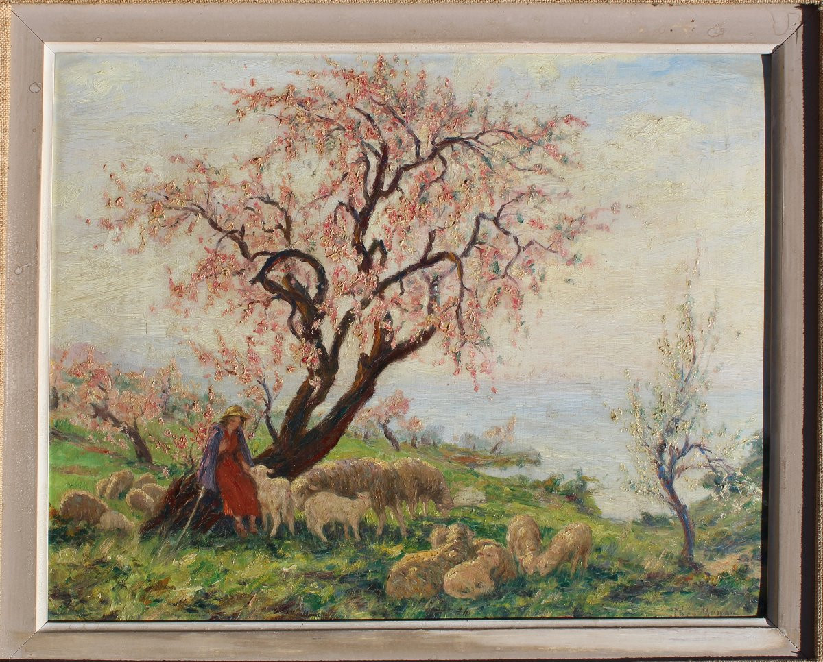 Huile sur panneau" Bergère gardant le troupeau de chèvres " peint par Théophile Mayan signé-photo-3