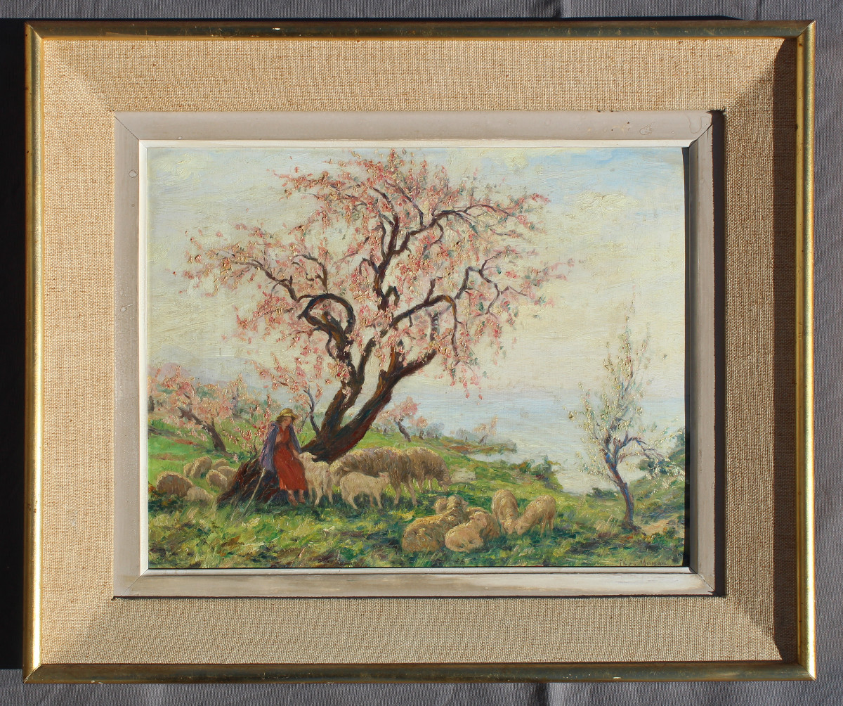 Huile sur panneau" Bergère gardant le troupeau de chèvres " peint par Théophile Mayan signé