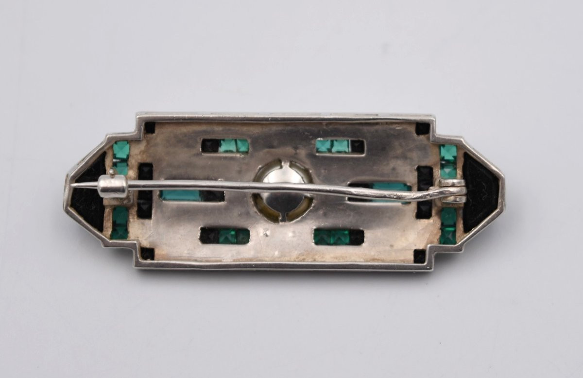 Art Deco Brooch In Silver, Marcasite, Opal And Onyx-photo-2