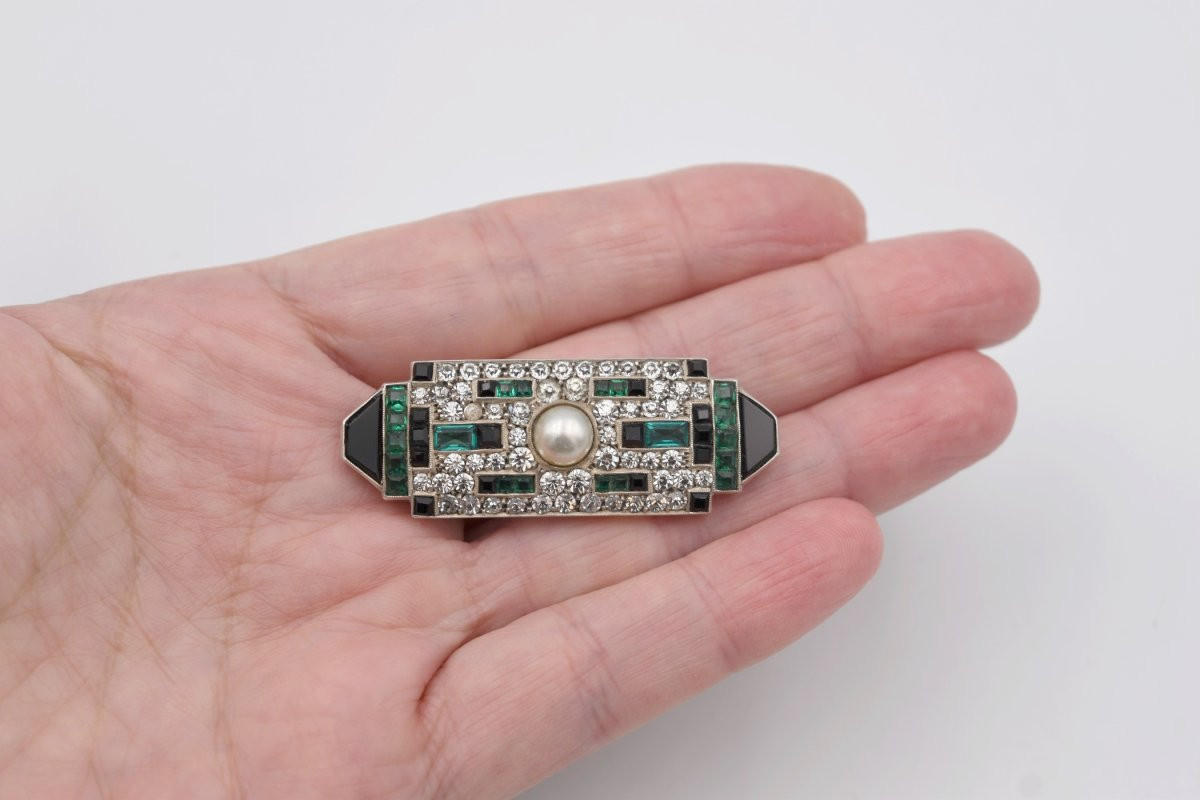 Art Deco Brooch In Silver, Marcasite, Opal And Onyx-photo-3