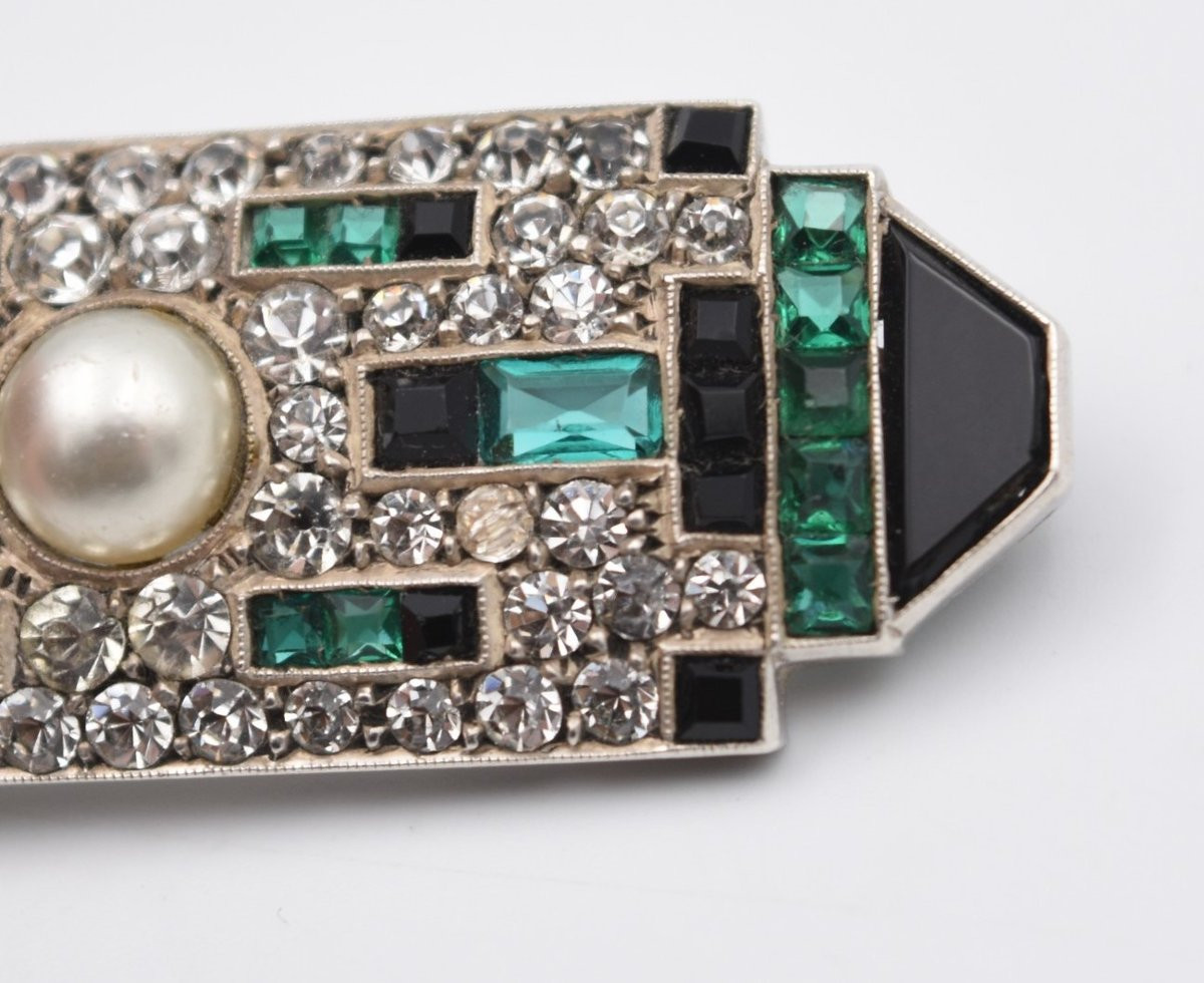 Art Deco Brooch In Silver, Marcasite, Opal And Onyx-photo-1