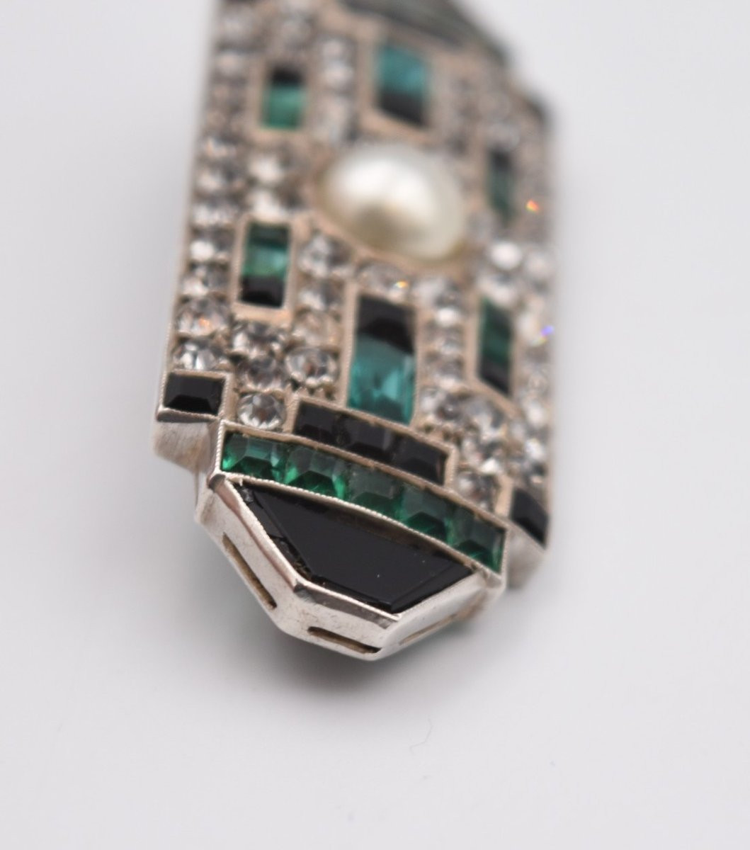 Art Deco Brooch In Silver, Marcasite, Opal And Onyx-photo-3