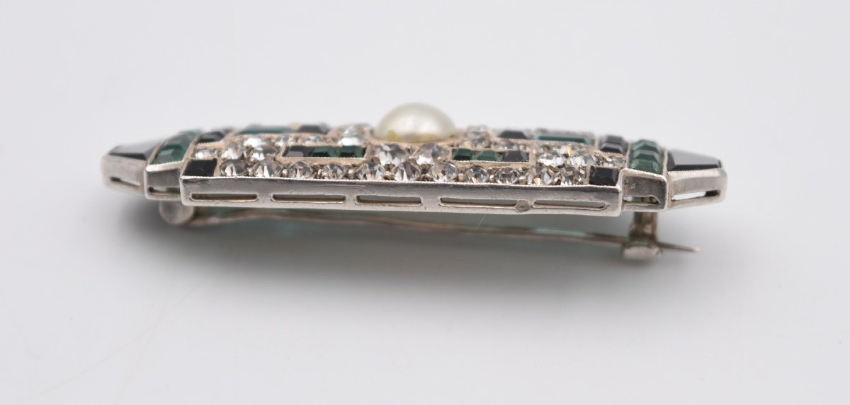 Art Deco Brooch In Silver, Marcasite, Opal And Onyx-photo-4