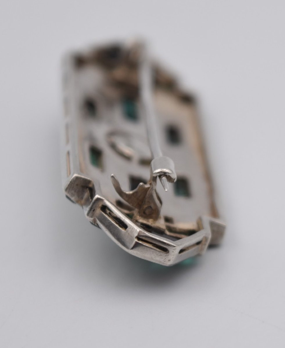 Art Deco Brooch In Silver, Marcasite, Opal And Onyx-photo-7