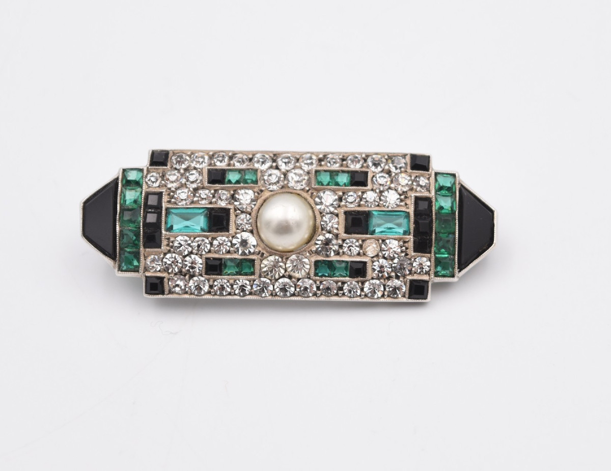 Art Deco Brooch In Silver, Marcasite, Opal And Onyx