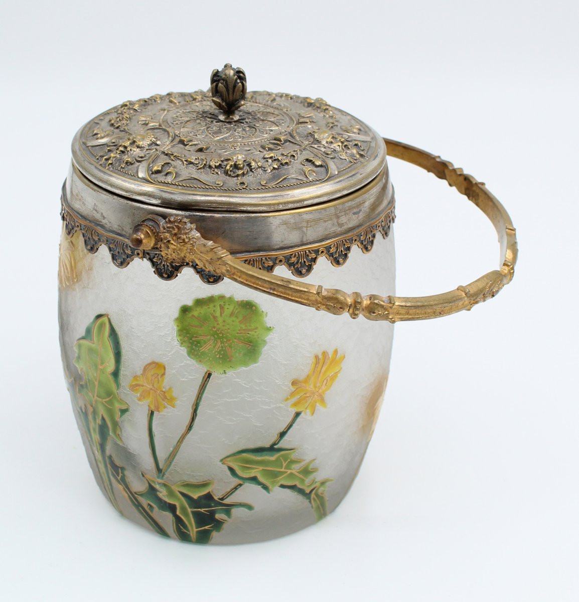 Seau à biscuits en verre dégagé à l'acide de fleurs Montjoye, Legras circa 1900-photo-2
