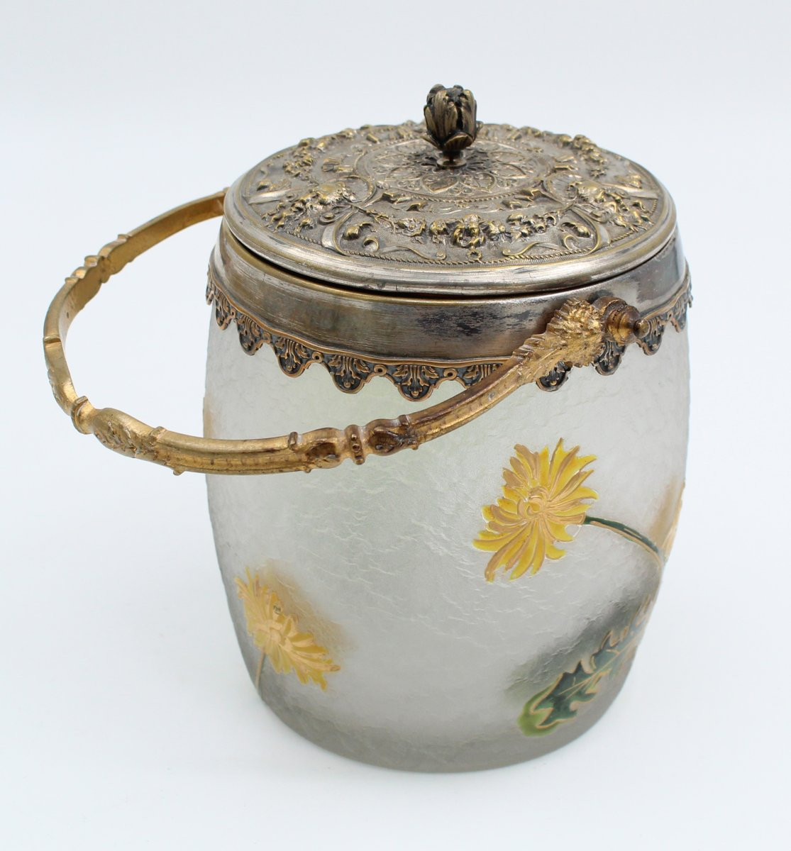 Seau à biscuits en verre dégagé à l'acide de fleurs Montjoye, Legras circa 1900-photo-3