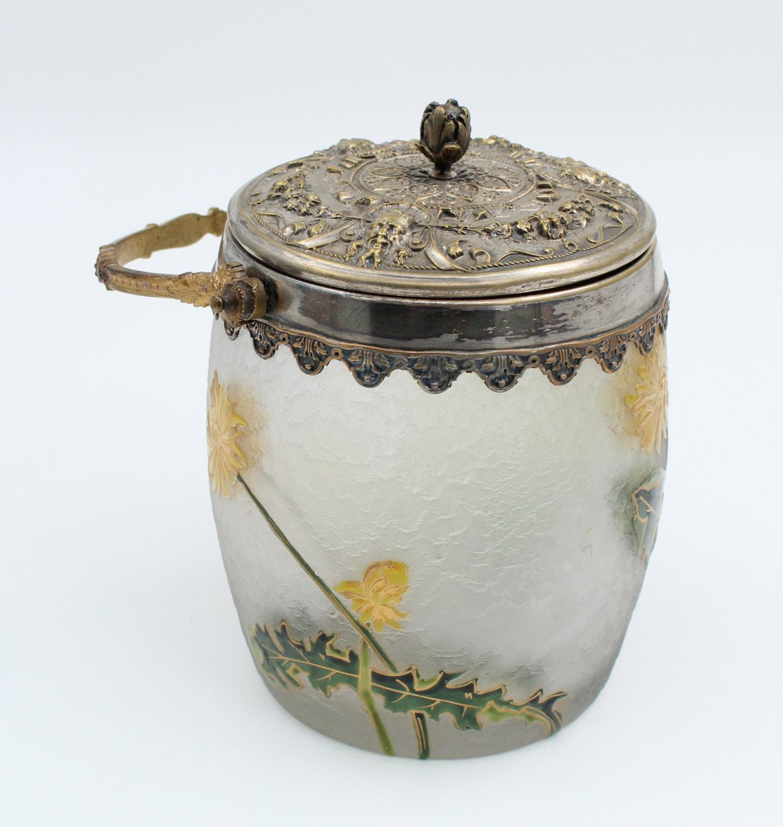 Seau à biscuits en verre dégagé à l'acide de fleurs Montjoye, Legras circa 1900-photo-4