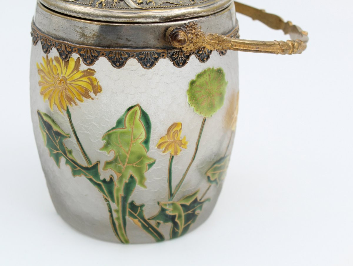 Seau à biscuits en verre dégagé à l'acide de fleurs Montjoye, Legras circa 1900-photo-1
