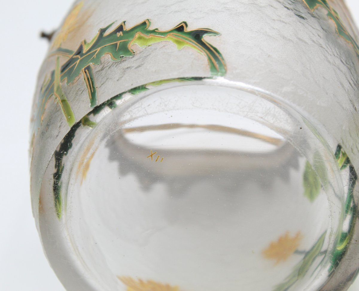 Seau à biscuits en verre dégagé à l'acide de fleurs Montjoye, Legras circa 1900-photo-5