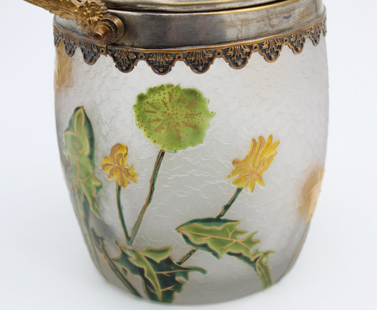 Seau à biscuits en verre dégagé à l'acide de fleurs Montjoye, Legras circa 1900-photo-6