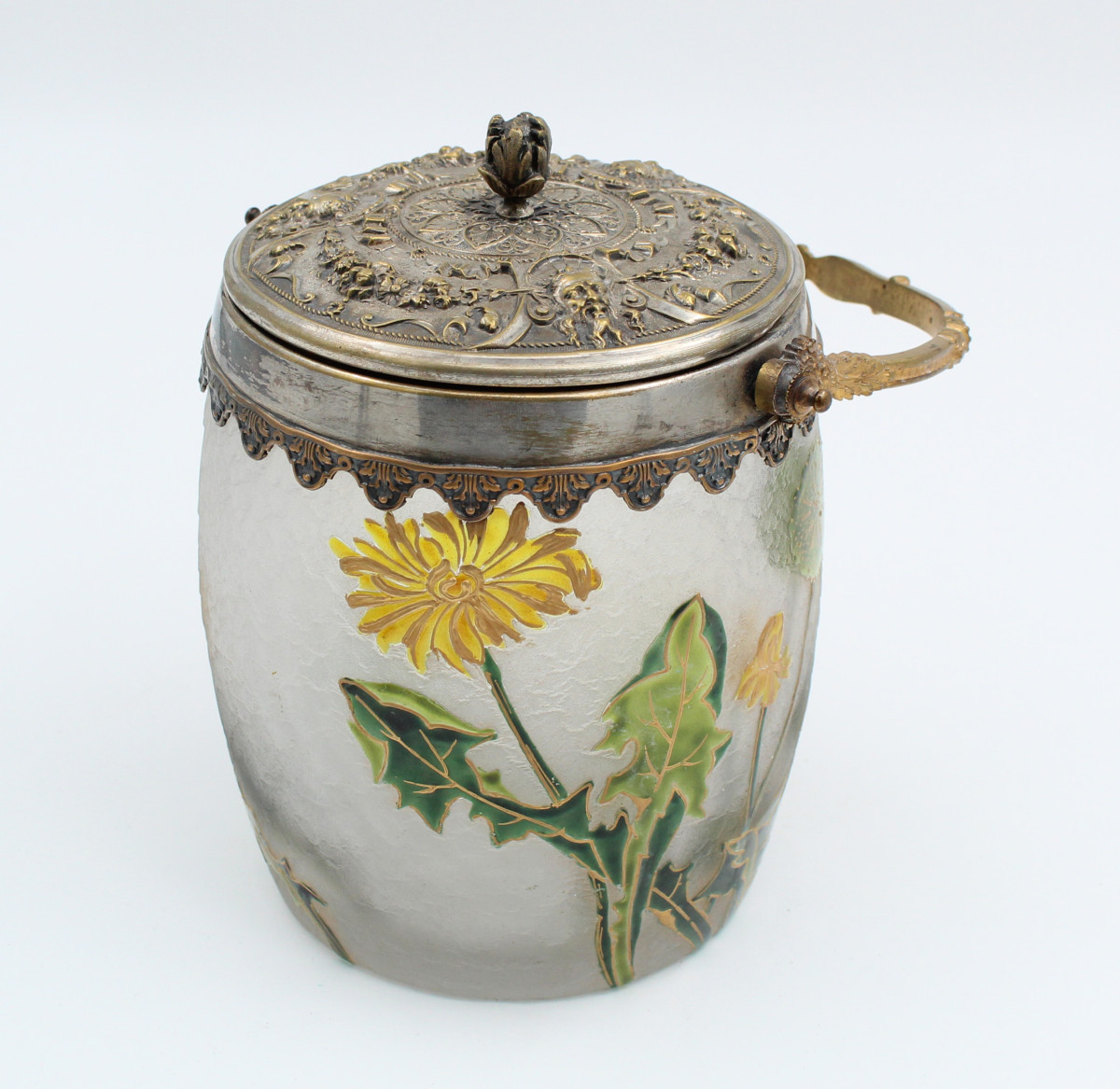 Seau à biscuits en verre dégagé à l'acide de fleurs Montjoye, Legras circa 1900