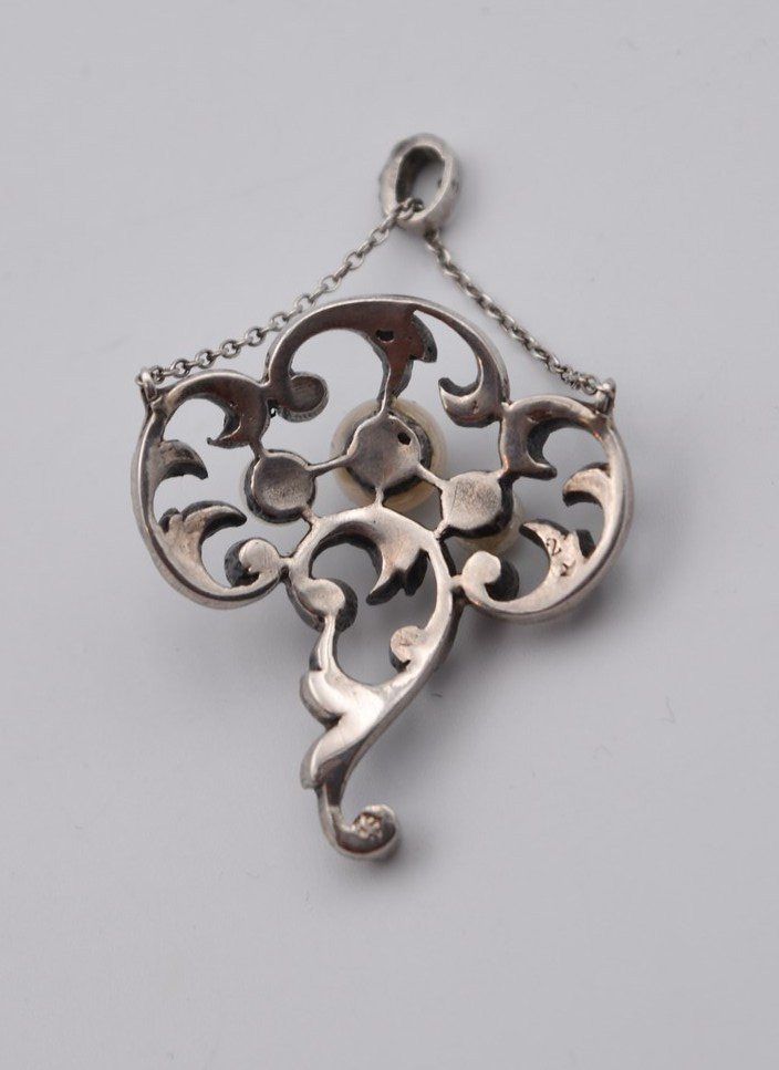 Antique Belle époque Pendant, Circa 1900, Silver, Pearls And Rhinestones-photo-3