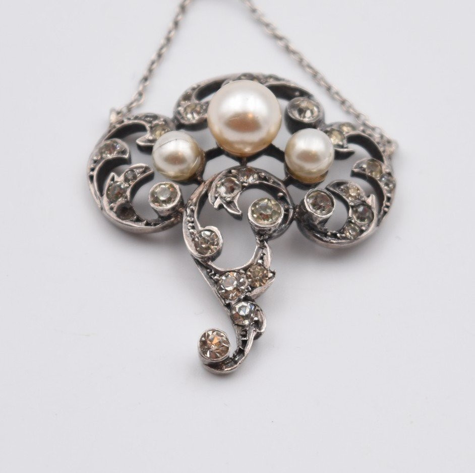 Antique Belle époque Pendant, Circa 1900, Silver, Pearls And Rhinestones-photo-4