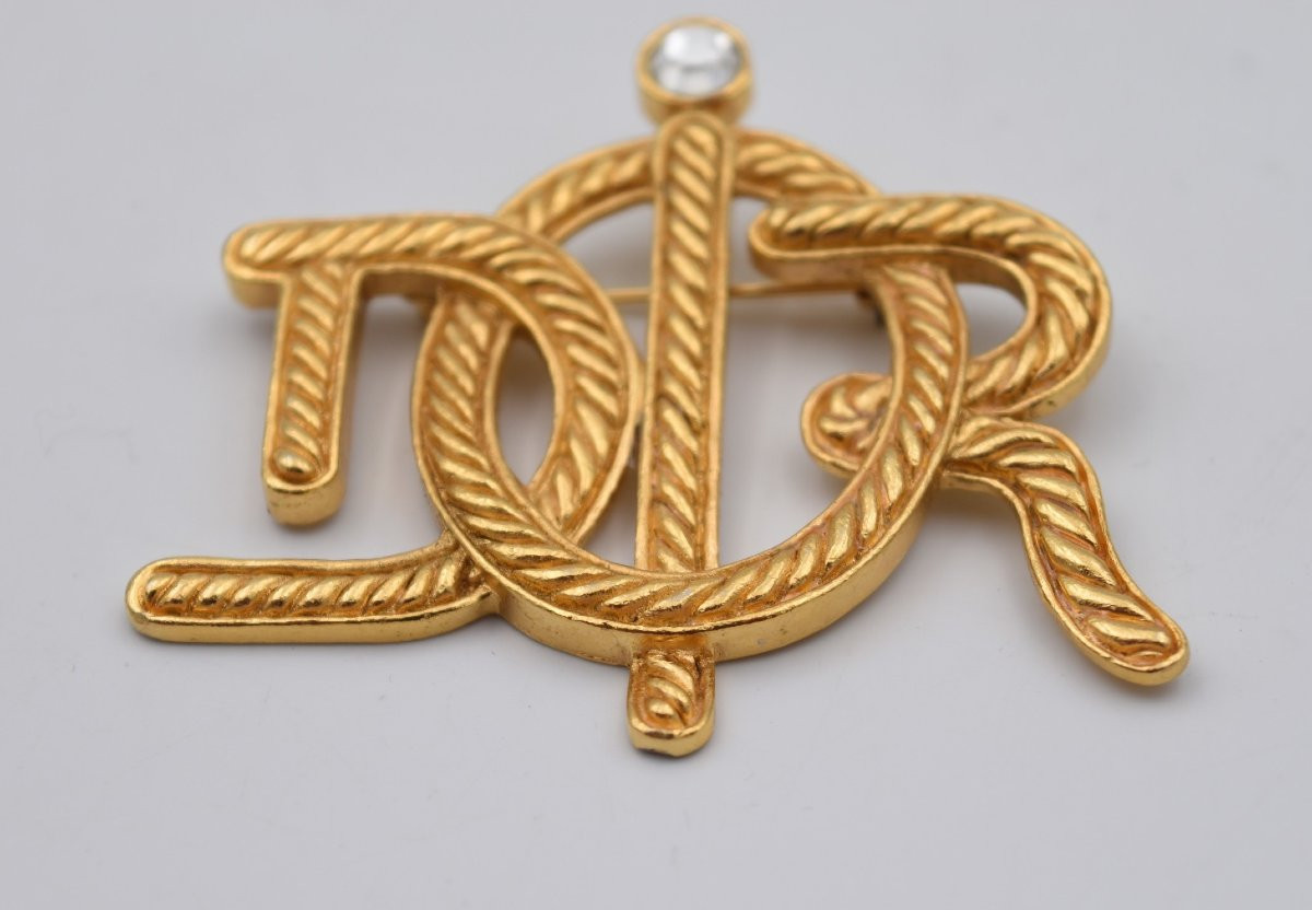 Broche vintage Christian Dior métal doré et strass-photo-1