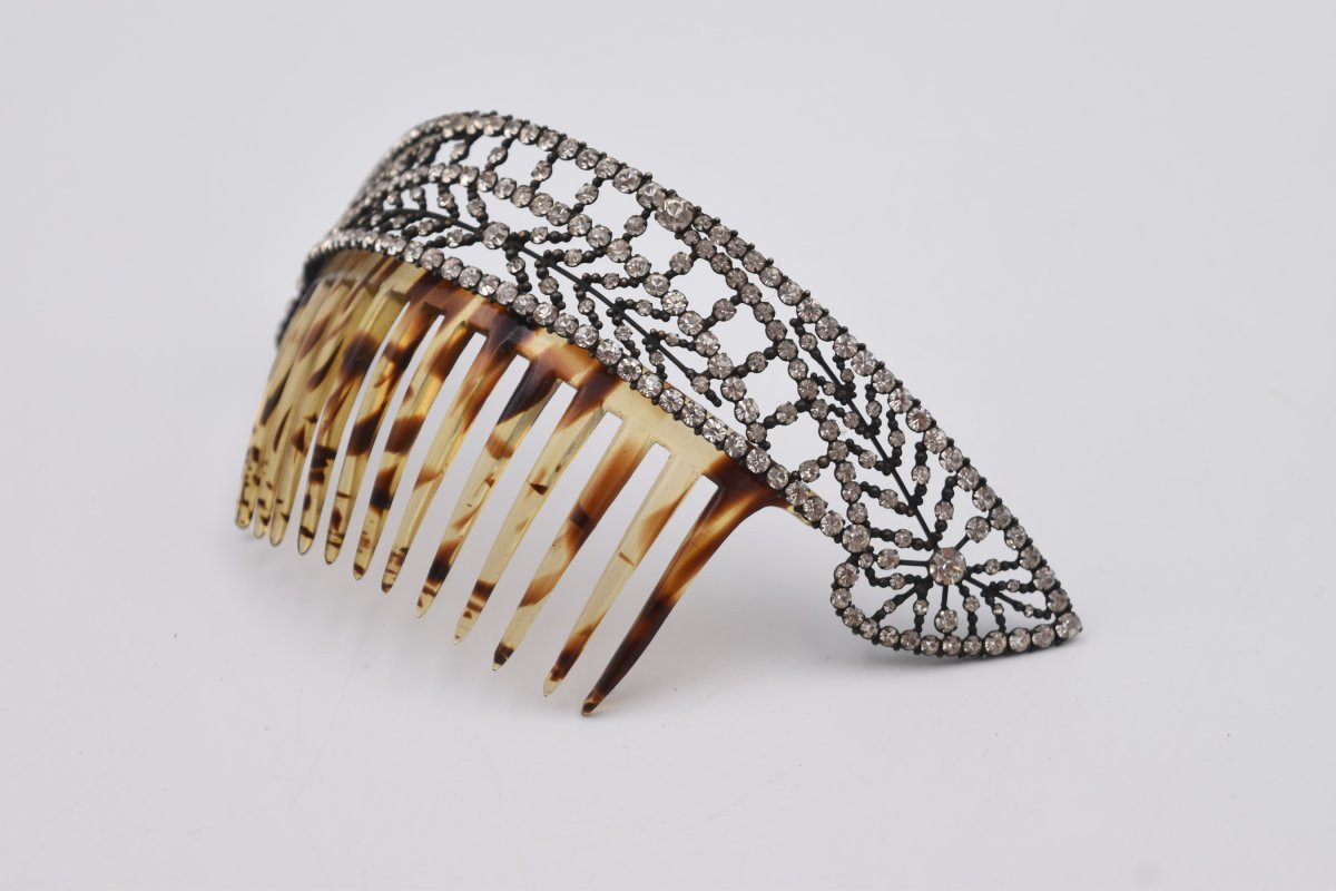 Ancien peigne à chignon tiare diadème strass métal argenté et celluloïd-photo-2