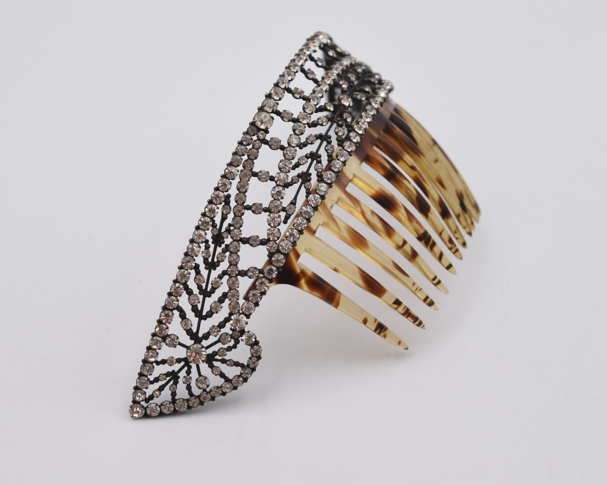 Ancien peigne à chignon tiare diadème strass métal argenté et celluloïd-photo-3