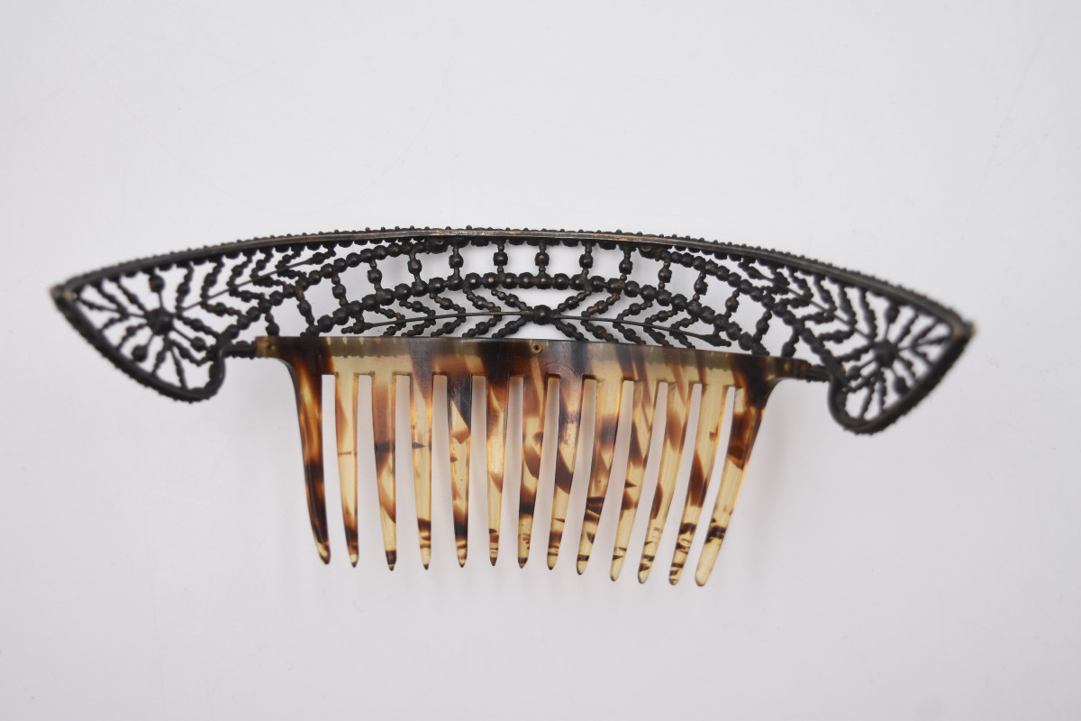 Ancien peigne à chignon tiare diadème strass métal argenté et celluloïd-photo-4