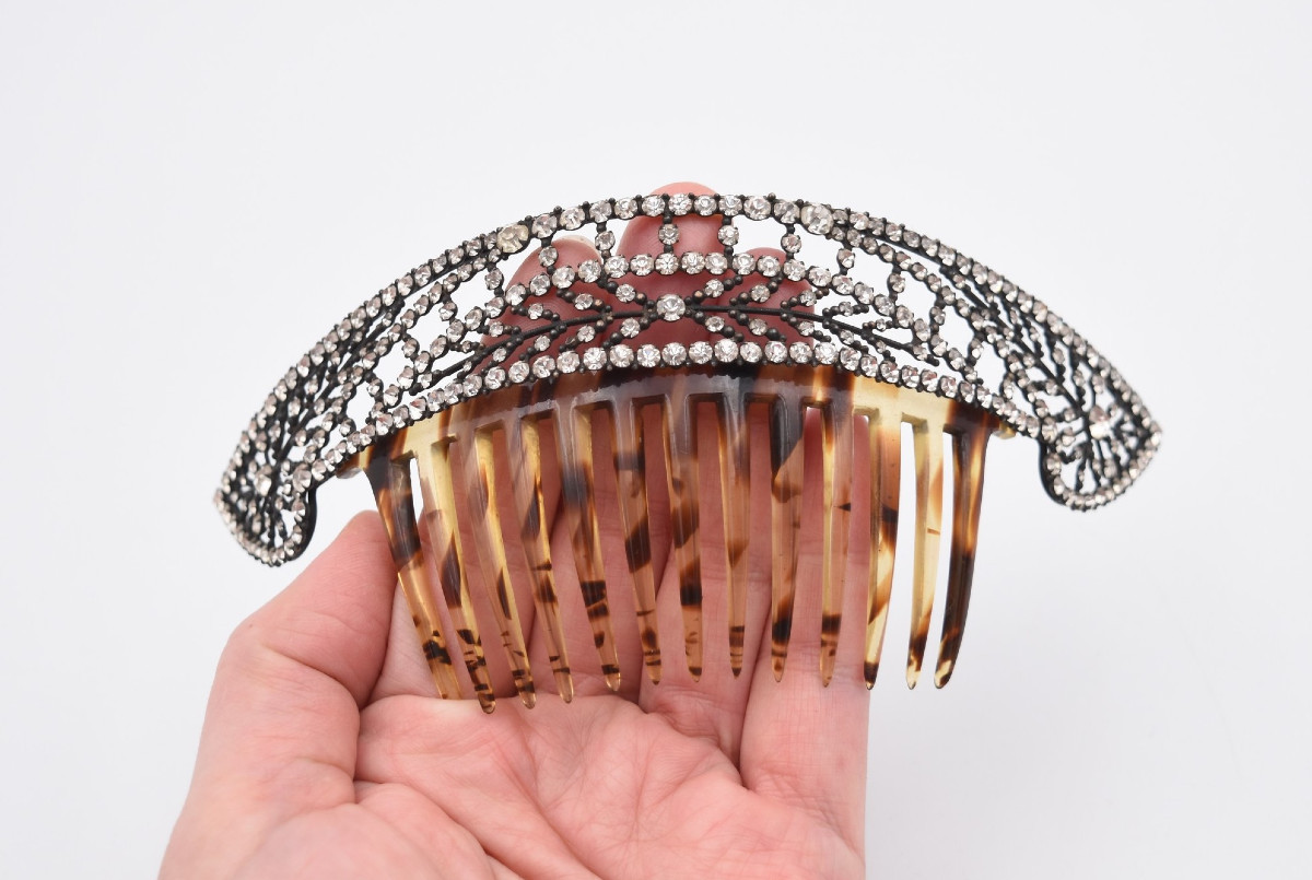 Ancien peigne à chignon tiare diadème strass métal argenté et celluloïd-photo-1