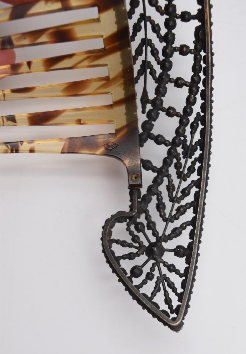 Ancien peigne à chignon tiare diadème strass métal argenté et celluloïd-photo-3