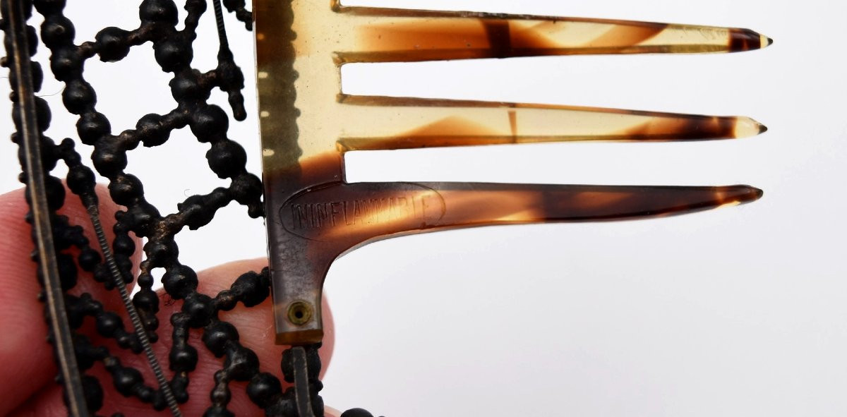 Ancien peigne à chignon tiare diadème strass métal argenté et celluloïd-photo-4