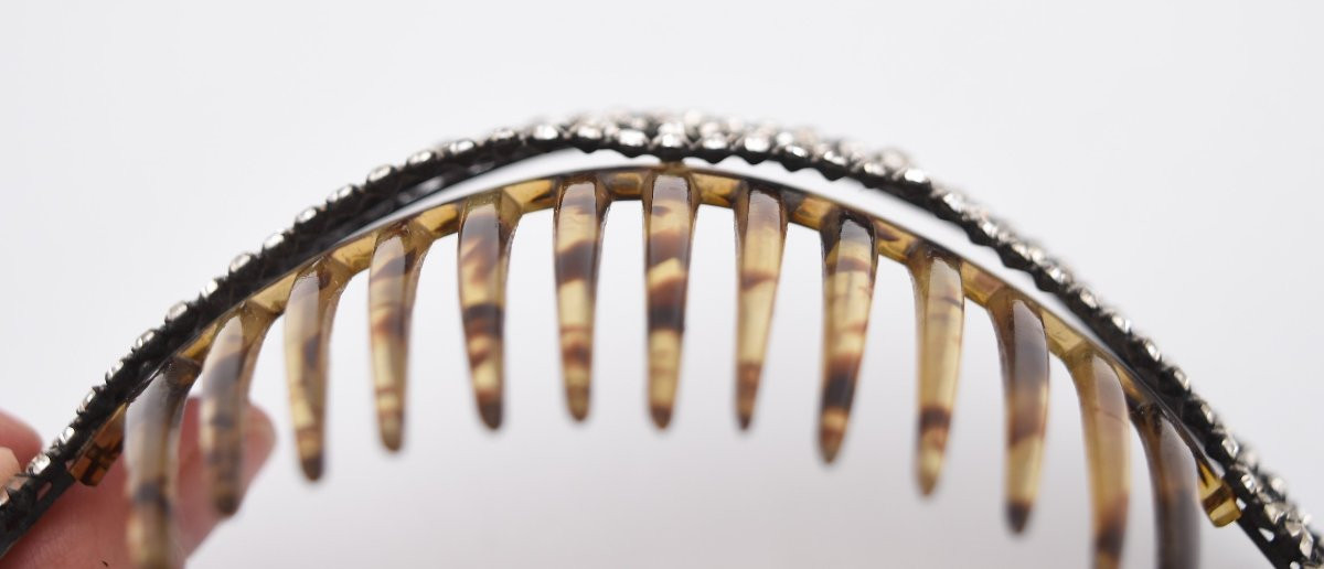 Ancien peigne à chignon tiare diadème strass métal argenté et celluloïd-photo-5