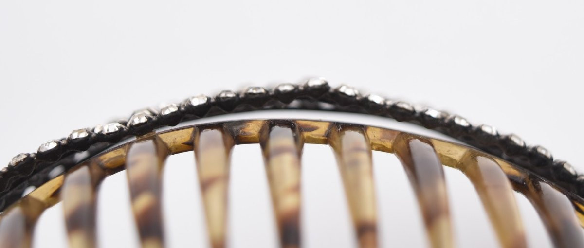 Ancien peigne à chignon tiare diadème strass métal argenté et celluloïd-photo-7