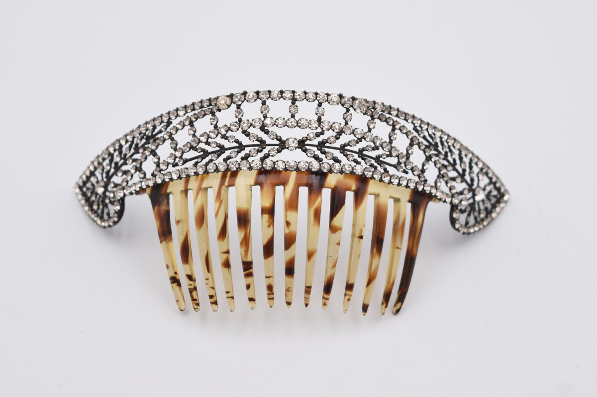 Ancien peigne à chignon tiare diadème strass métal argenté et celluloïd