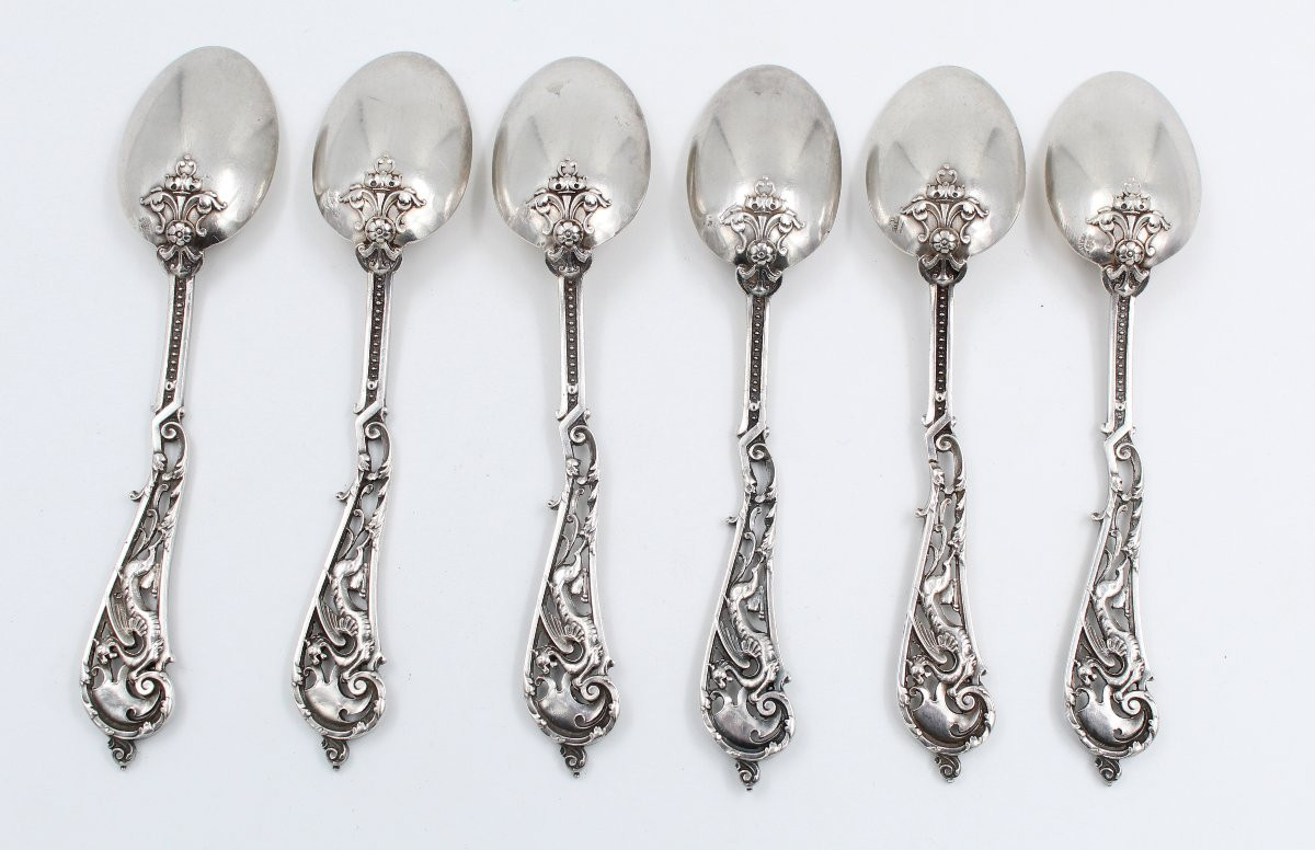 6 CUILLERES EN ARGENT MASSIF Minerve Henri Soufflot décor de Dragon Art Nouveau-photo-3