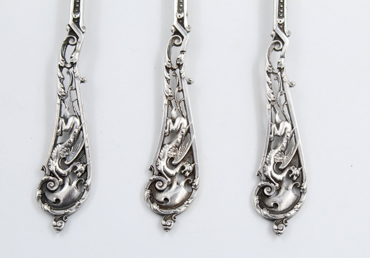 6 CUILLERES EN ARGENT MASSIF Minerve Henri Soufflot décor de Dragon Art Nouveau-photo-2