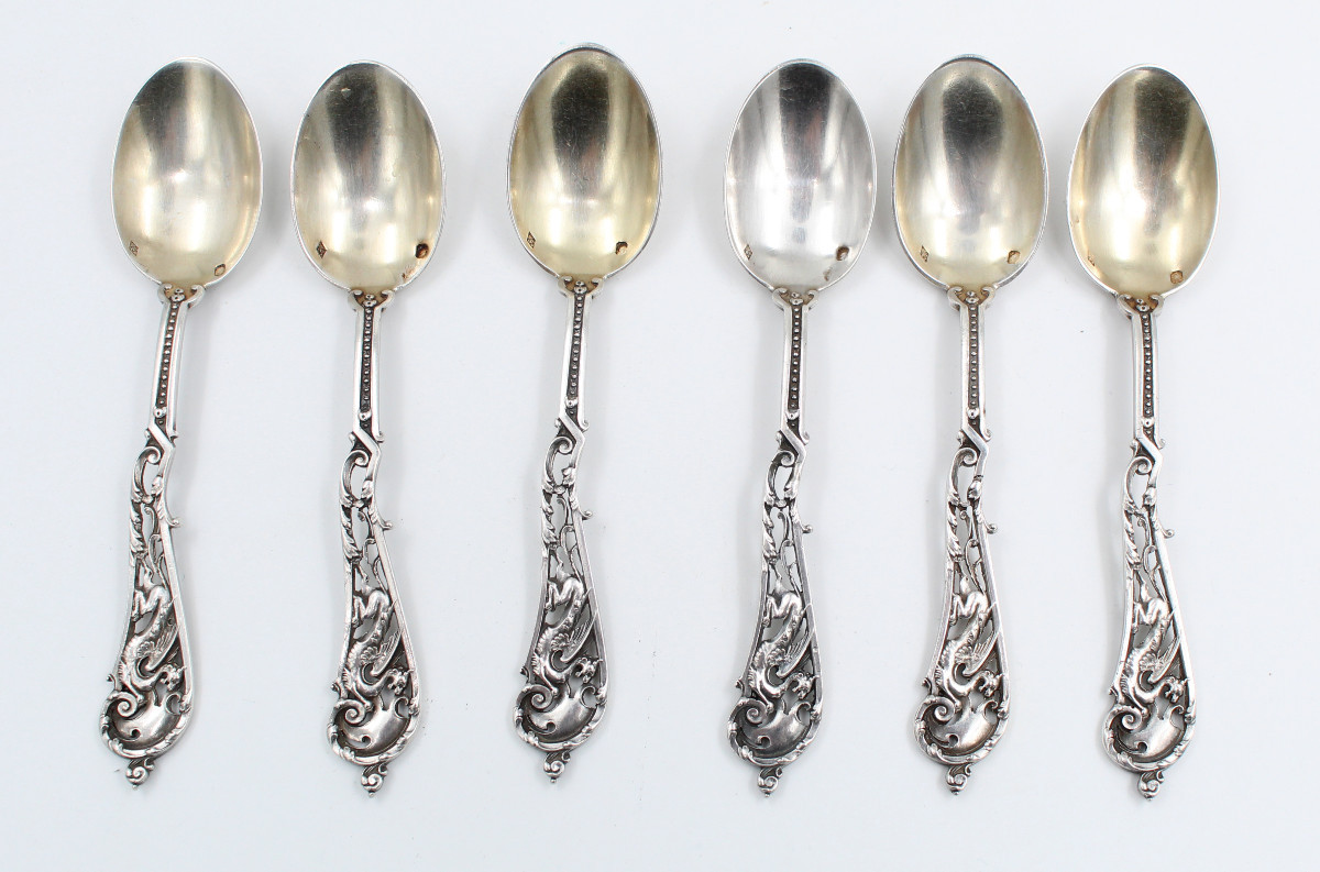 6 CUILLERES EN ARGENT MASSIF Minerve Henri Soufflot décor de Dragon Art Nouveau