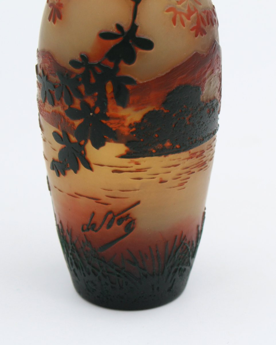 Devez Vase pate de verre MULTICOUCHE à Décor De Paysage Lacustre H= 17.5 cm-photo-2