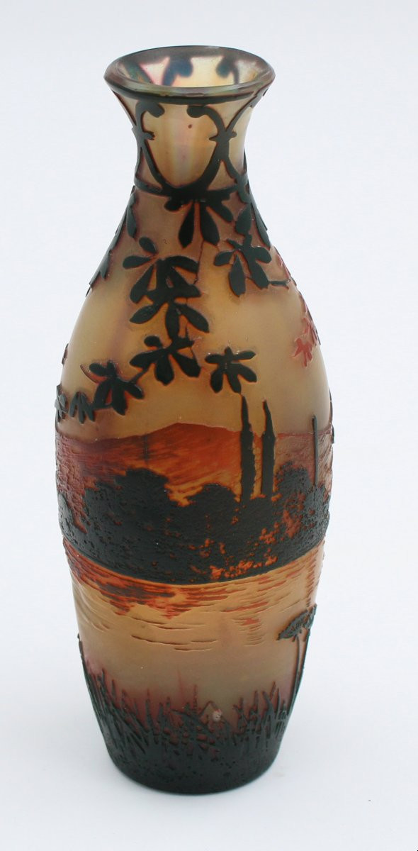 Devez Vase pate de verre MULTICOUCHE à Décor De Paysage Lacustre H= 17.5 cm-photo-4