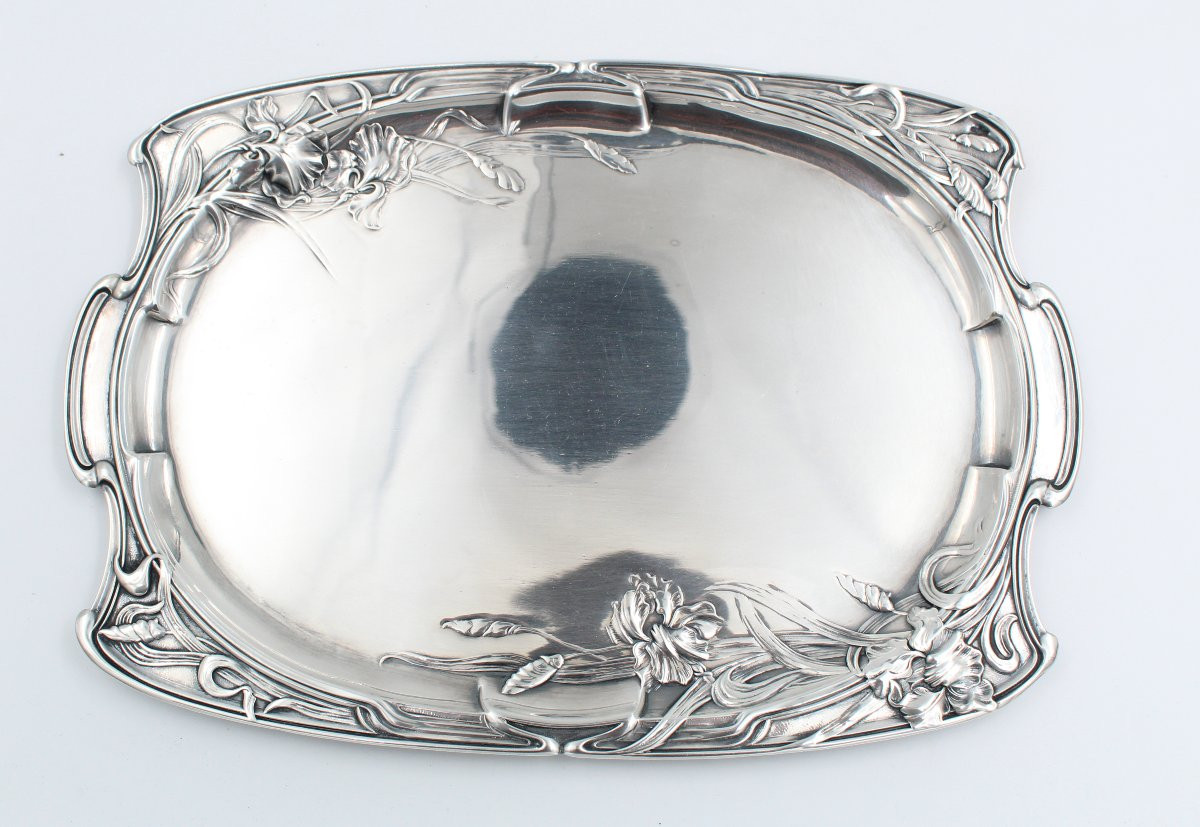 Art Nouveau Silver Metal Tray Iris Decor Victor Saglier-photo-4