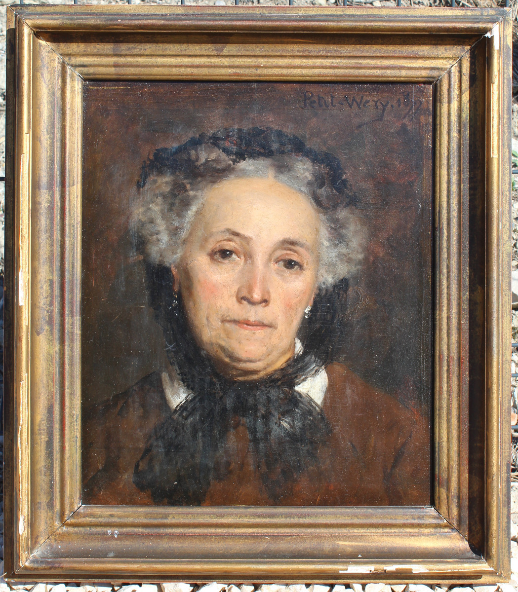 Oil On Panel Bust Portrait Of A Woman Wearing A Veil Signed Petit-wery Dated 1877