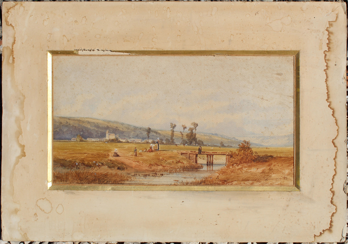 Tableau Aquarelle sur papier vue de paysage animé signé H CHOUPPE 1851