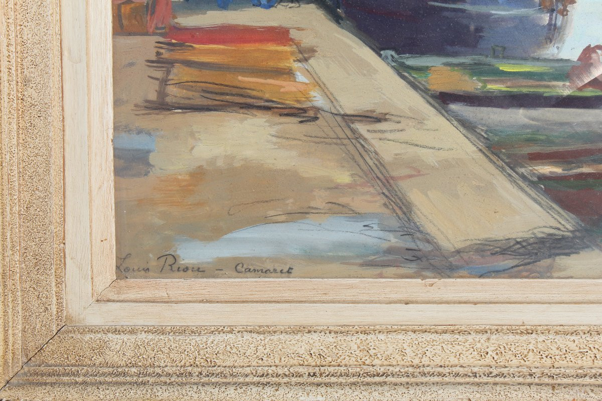 Watercolor Painting On Paper View Of The Busy Port Of Camaret Sur Mer Signed Louis Riou-photo-2