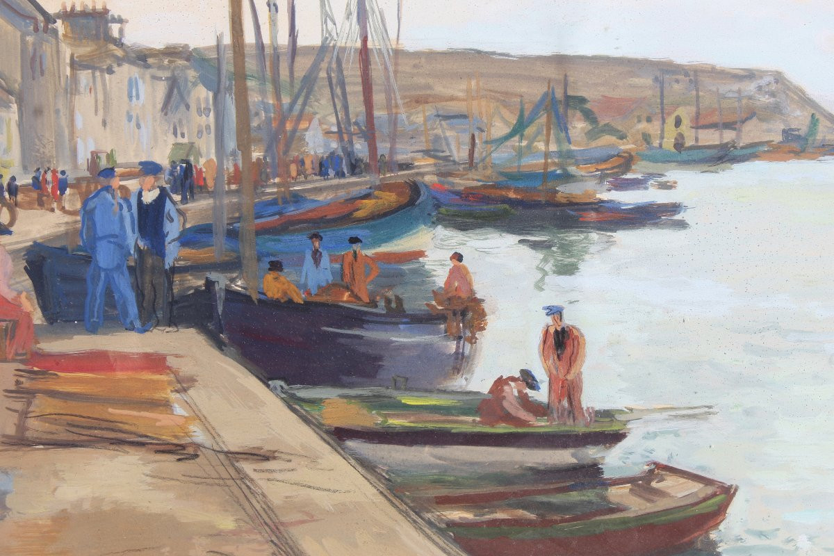 Watercolor Painting On Paper View Of The Busy Port Of Camaret Sur Mer Signed Louis Riou-photo-3