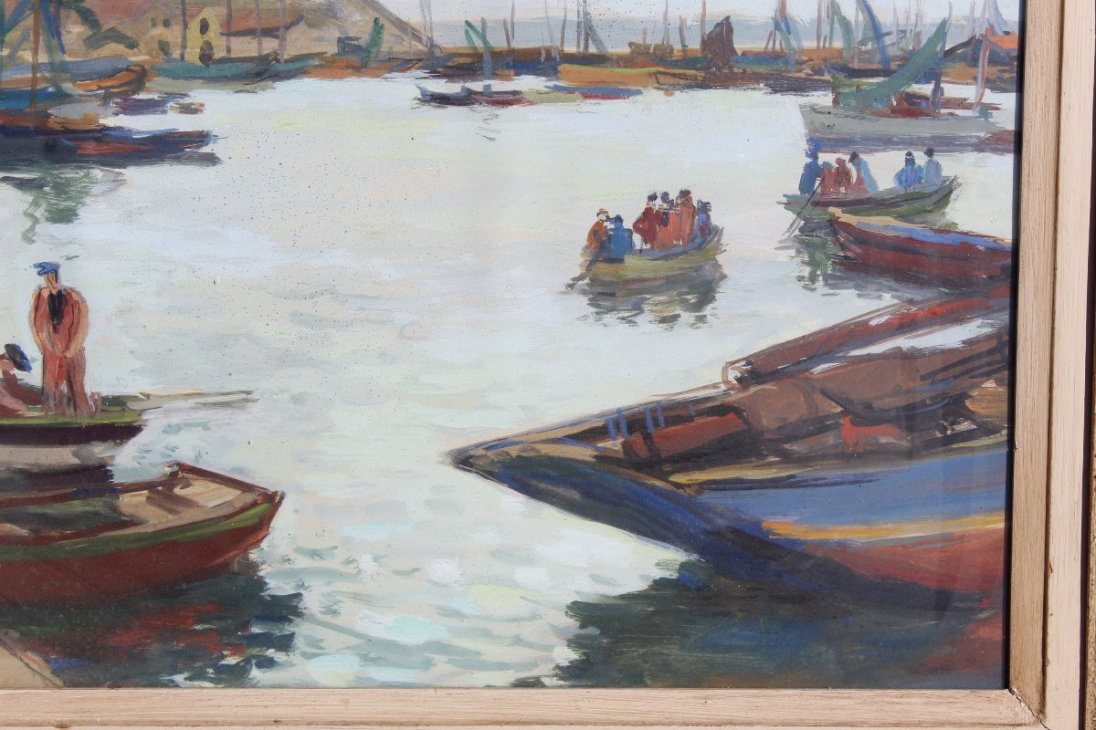 Watercolor Painting On Paper View Of The Busy Port Of Camaret Sur Mer Signed Louis Riou-photo-4