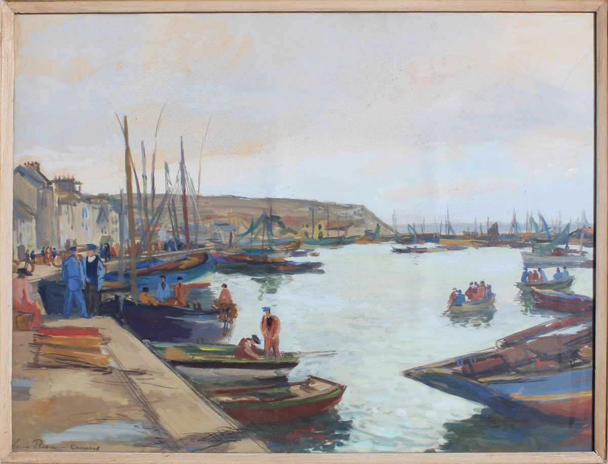 Watercolor Painting On Paper View Of The Busy Port Of Camaret Sur Mer Signed Louis Riou-photo-1