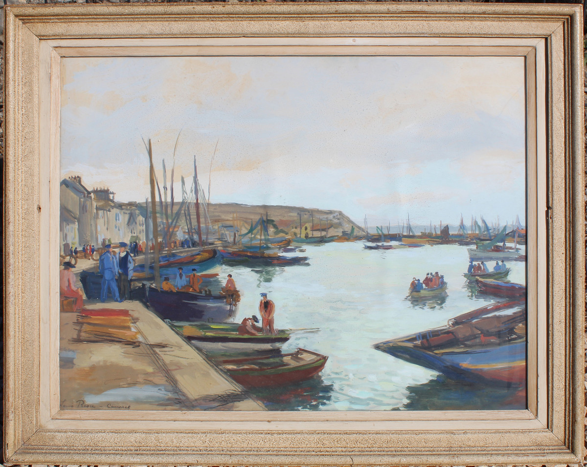 Watercolor Painting On Paper View Of The Busy Port Of Camaret Sur Mer Signed Louis Riou