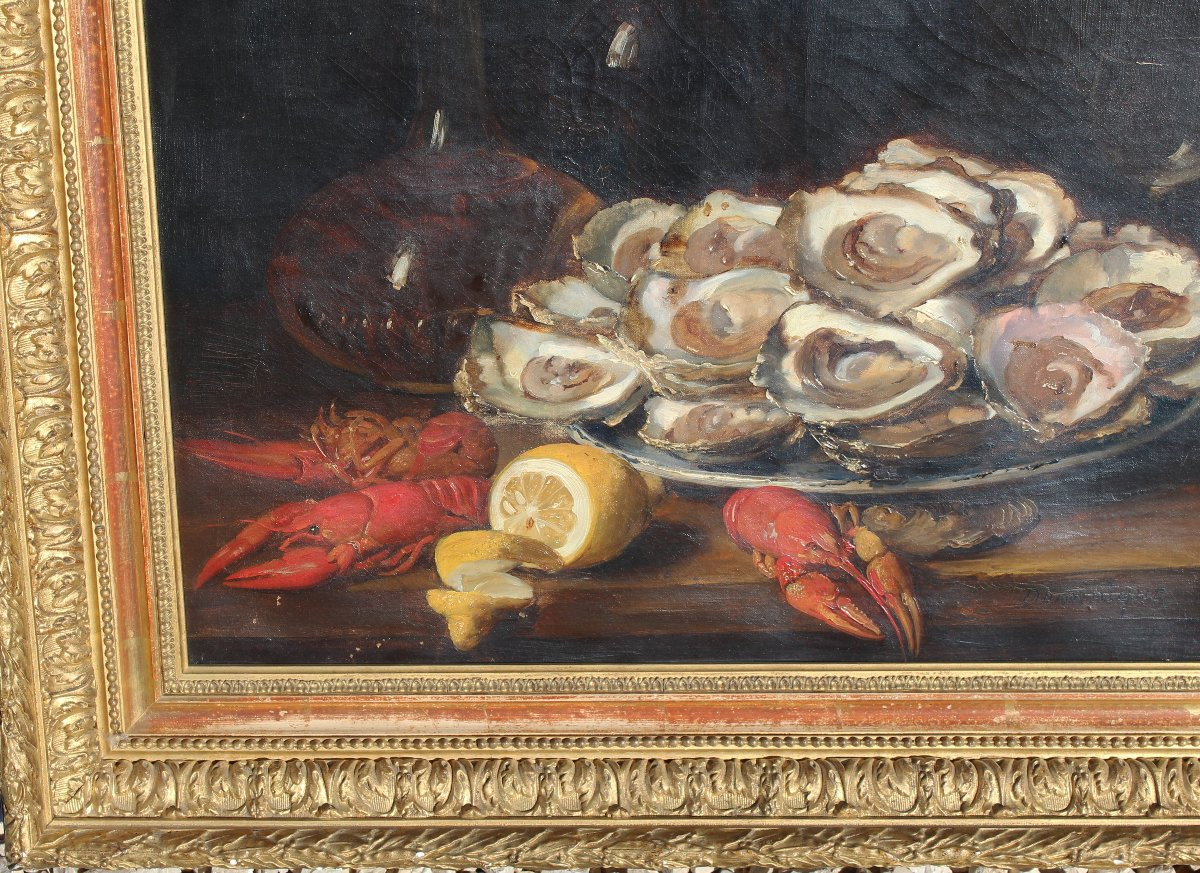 Tableau HUILE SUR TOILE nature morte aux homards / huitre signé Dominique ROZIER-photo-2