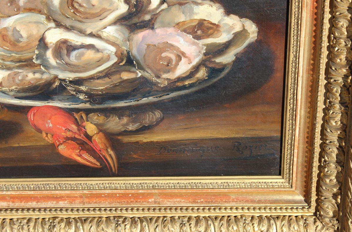 Tableau HUILE SUR TOILE nature morte aux homards / huitre signé Dominique ROZIER-photo-3