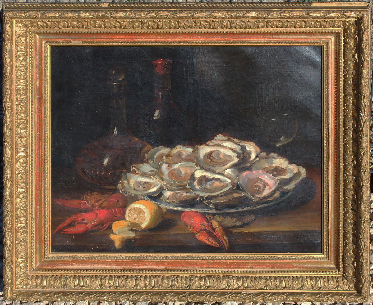 Tableau HUILE SUR TOILE nature morte aux homards / huitre signé Dominique ROZIER