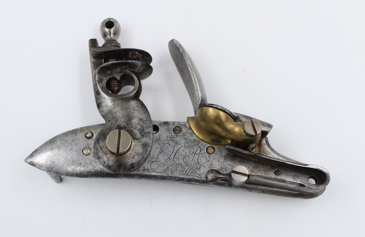 Platine ancienne Manufacture royale de Tulle marquée CH fusil/pistolet à silex-photo-3