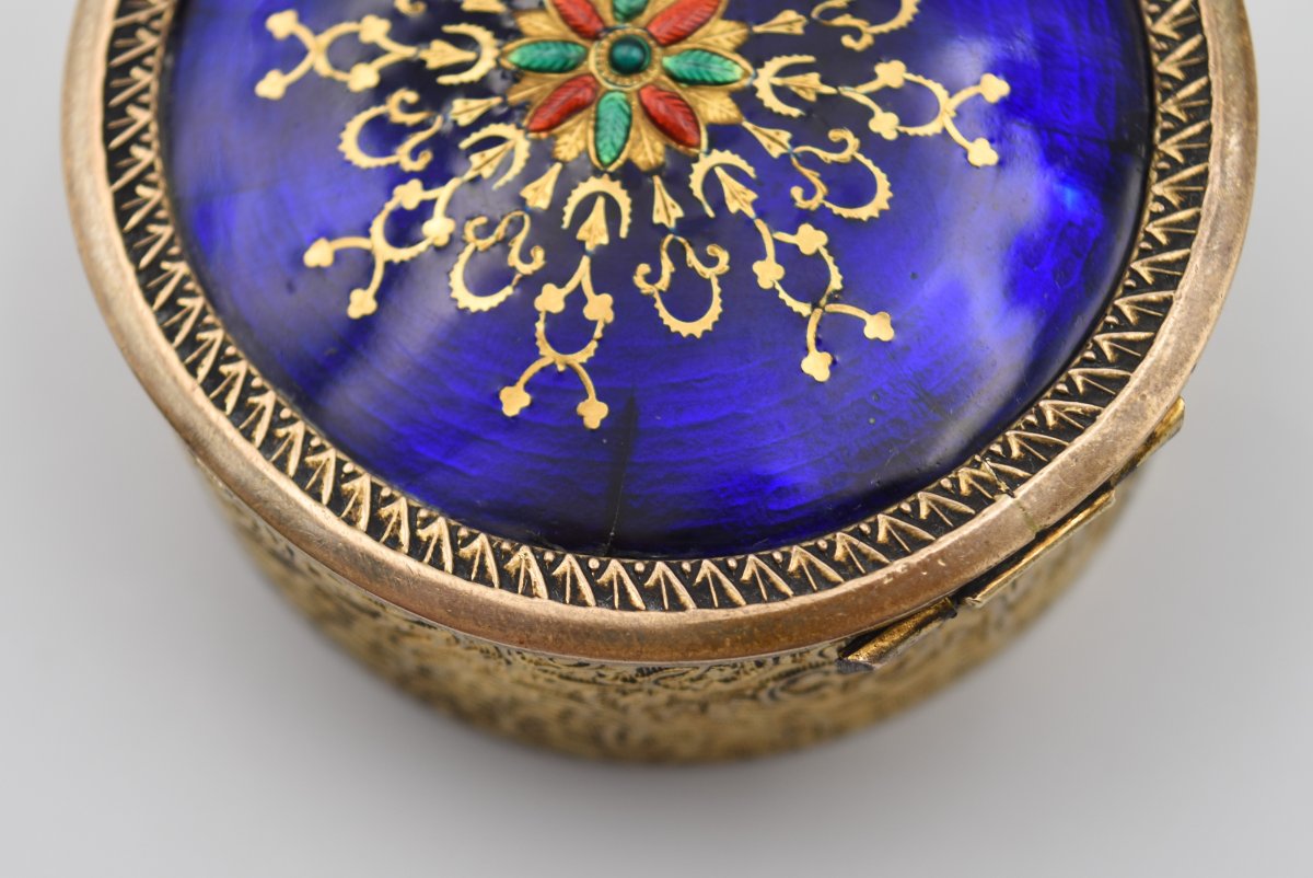 Ancienne petite boite à bijoux émaux bressans et bronze ou laiton doré-photo-4
