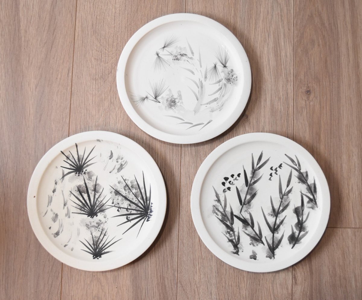 Madoura Workshop: Three Signed Ceramic Plates With Japanese-inspired Designs
