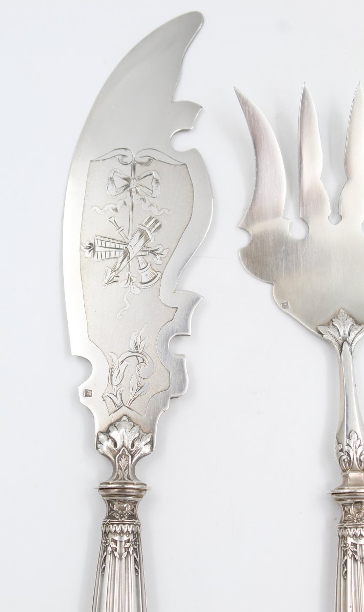 COUVERT DE SERVICE A POISSON EN ARGENT MINERVE ET METAL ARGENTE STYLE LOUIS XVI-photo-2