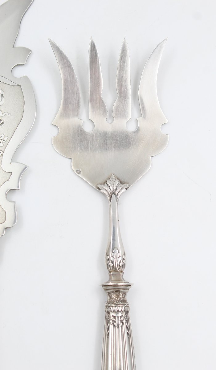 COUVERT DE SERVICE A POISSON EN ARGENT MINERVE ET METAL ARGENTE STYLE LOUIS XVI-photo-3