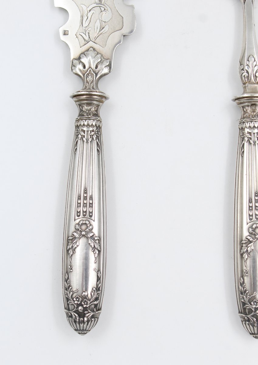 COUVERT DE SERVICE A POISSON EN ARGENT MINERVE ET METAL ARGENTE STYLE LOUIS XVI-photo-1